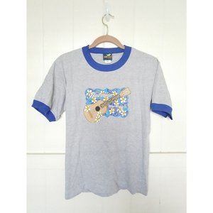 VTG Made in USA GECKO HAWAIIAN ISLAND UKULELE Graphic Ringer T-Shirt Size Small